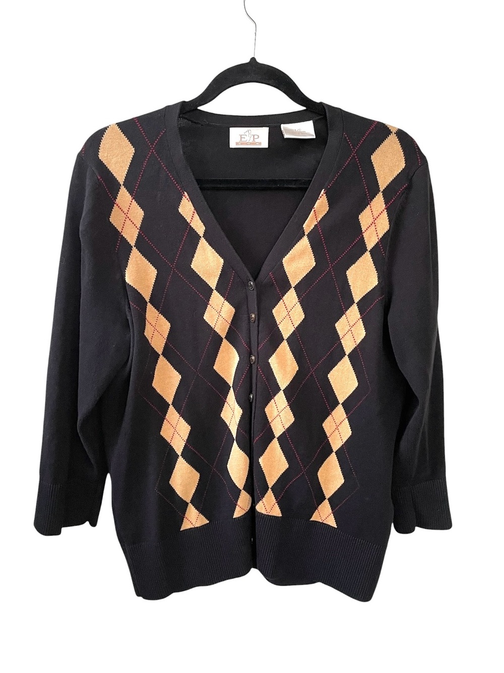 EP Pro Golf Women’s Cotton Button Front Cardigan Black Tan Argyle Pattern L
